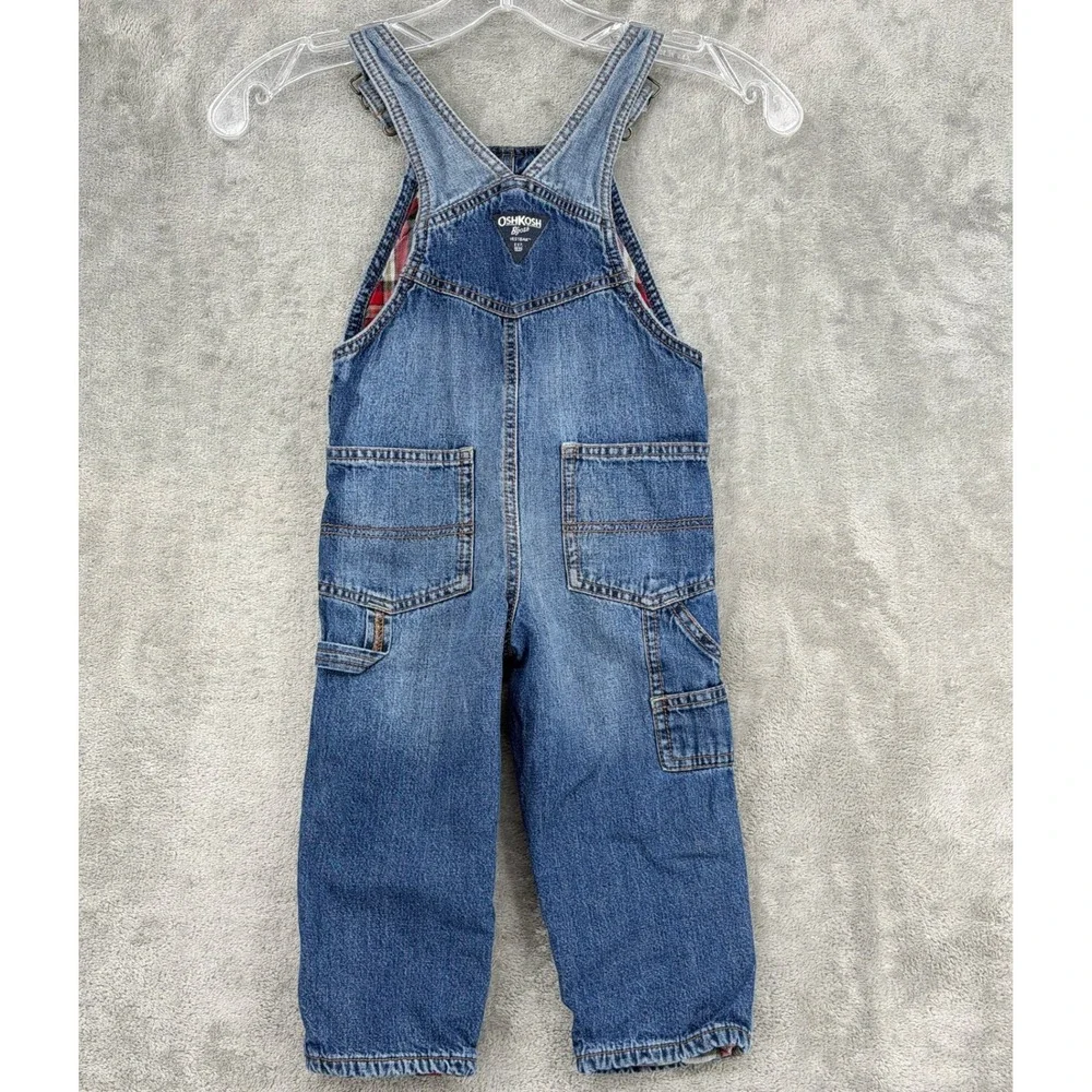 Vintage OshKosh Overalls Toddler Size 2T Flannel Lined Patchwork Denim Logo Blue